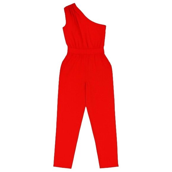 NWT Bebe Red One Shoulder Jumpsuit Asymmetrical Neckline Pocket XXS - Picture 2 of 14